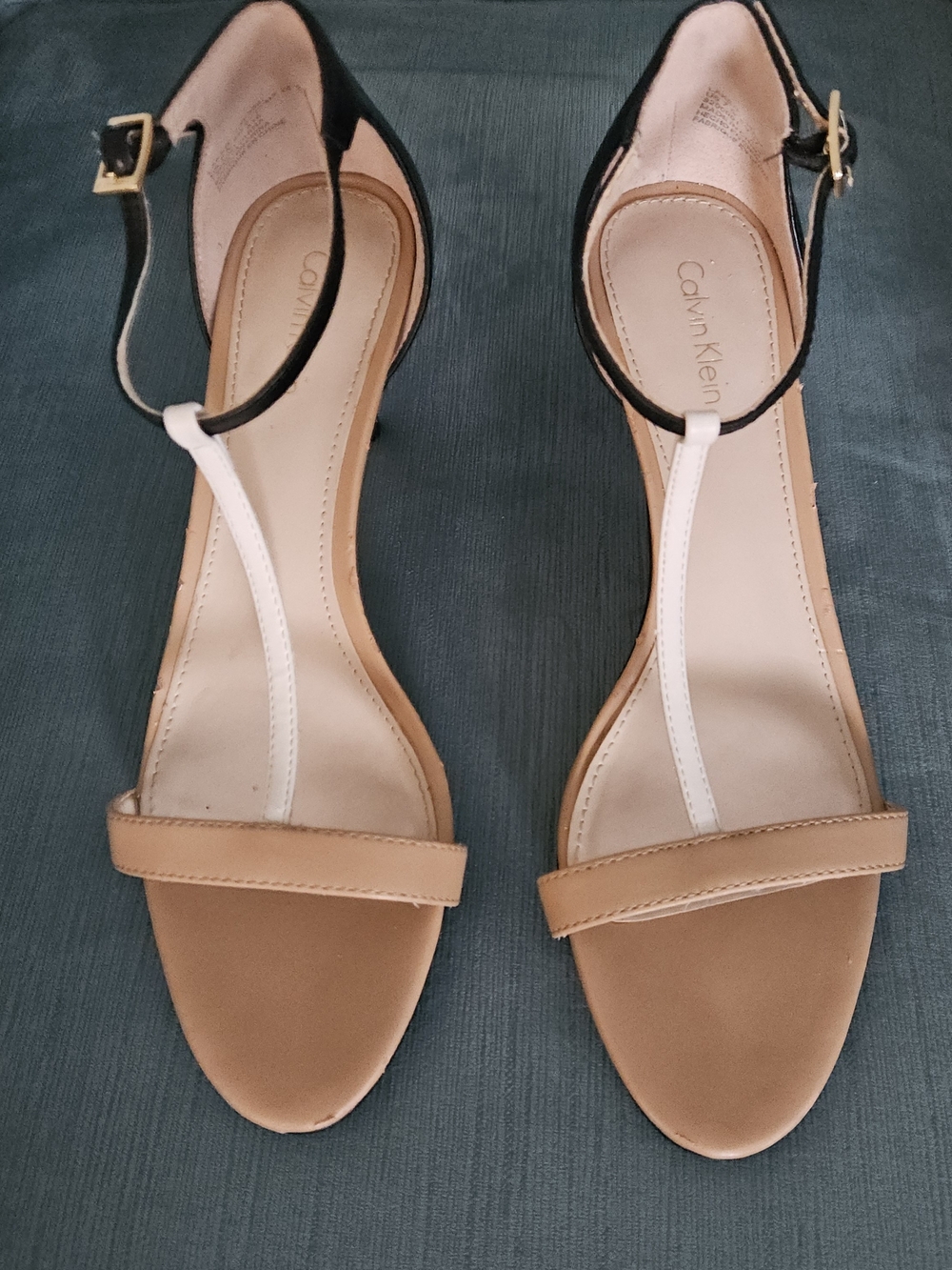 Calvin Klein Women's T-Strap Heeled Sandals in Black, White & Tan